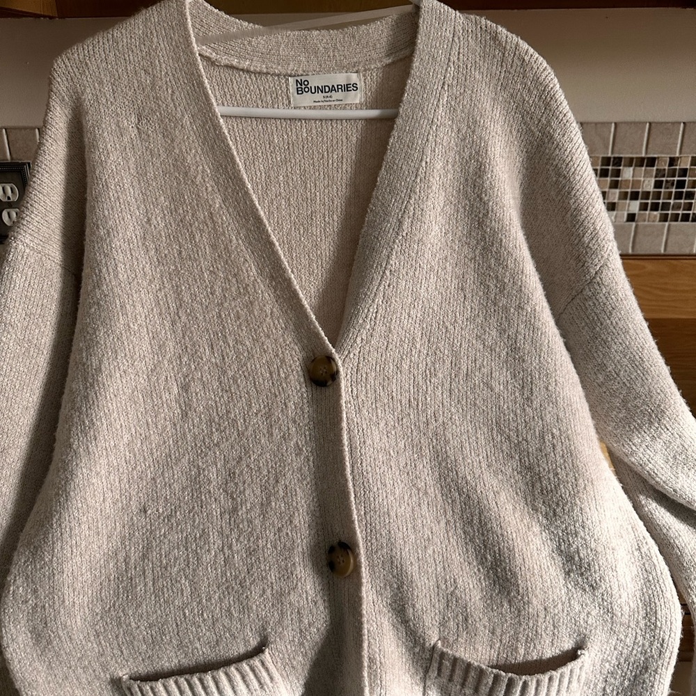 No Boundaries Women's Tan button up Cardigan Sweater - Picture 4 of 12